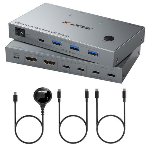 USBC Dual Monitores KVM Switch 4K@60Hz, USBC KVM Switch 2 Laptops 2 Monitores und 4 USB3.0 Geräte, 100W PD für 2 Laptops mit Wire Remote und USB Kabel