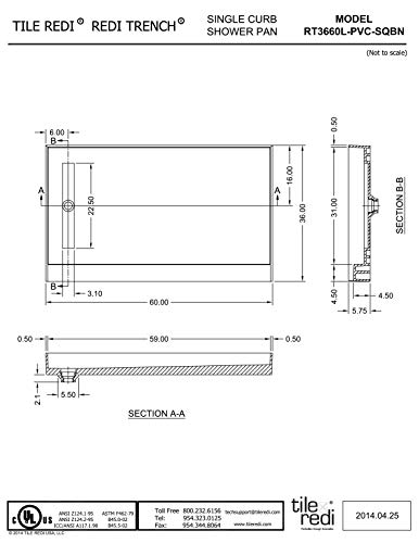 Tile Redi Rt3660L-Pvc-Sqbn Shower Pan With Left Drain- Single Curb Shower Base, 2" Pvc Drain, And Grate Included, 60" Width X 36" Depth #TOP5