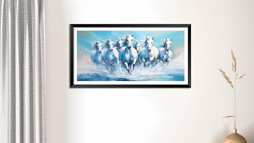 Image of Canvas pe 7 Running Horses Vastu Painting with Frame - White Horses Blue Theme Wall Art for Living Room & Office | Waterproof, 14x26 inch, Synthetic Wood