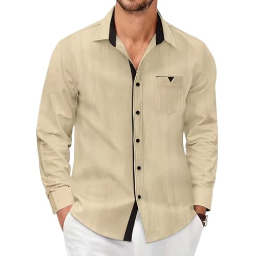 Chemise manches longues homme coton lin couleur unie mi-saison chemisette loisirs chic avec poche