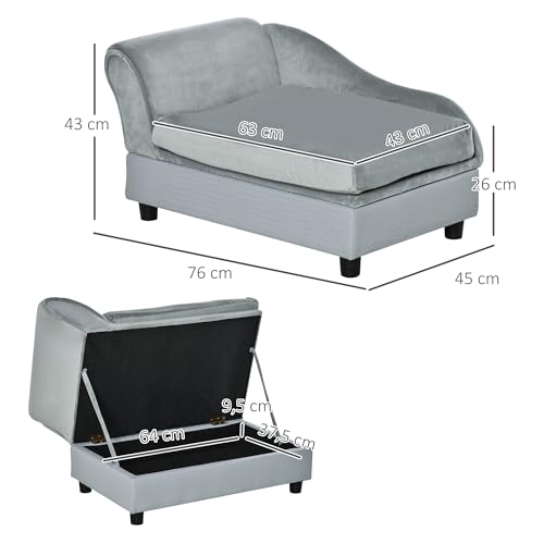 PawHut Hundesofa Hundebett Hundecouch aus Plüsch mit Lagerraum, Rückenlehne, Kissen Katzensofa für kleine Hunde 76 x 45 x 43 cm Hellgrau