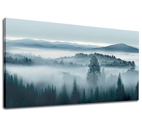 tigeridge Foggy Forest Canvas Wall Art Indigo Misty Forest Pictures Blue Grey Abstract Mountain Trees Painting Artwork Nature Scene Canvas Art for Living Room Bedroom Home Office Wall Decor 29" x 58"