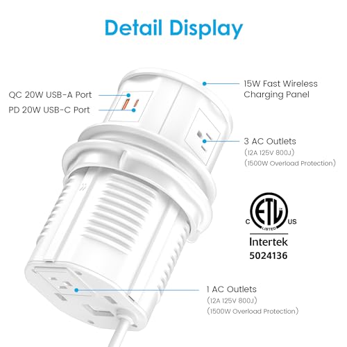 4.75 inch Pop Up Outlet with 15W Wireless Charger, 4 AC Outlets & PD 20W USB Fast Charging, Desk Hole Power Grommet Connect 6FT Cord for Office, Conference, Kitchen Use(ETL & FCC Listed) by VILONG - Image 5