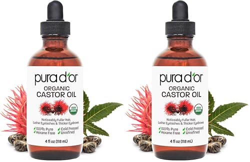 PURA D'OR 4 Oz Organic Castor Oil – Pure Cold-Pressed, Hexane-Free, USDA Certified – Lashes, Brows, Hair, Scalp, Skin-Moisturizer Supporting Softness, Strength, Hydration, Shine & Radiance,(Pack of 2)