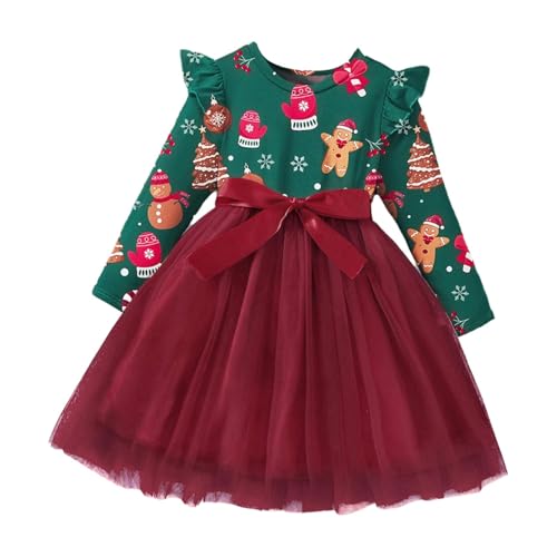 Nyeemya Robe De Fete Noel pour Enfant Fille Robe Tutu Imprimé Bonhomme en Pain D’épices Arbre De Noël Robes Casual pour Quoditien Soirée Fête Bonhomme en Pain d'épice Rouge 3-4 Ans