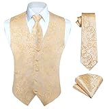 HISDERN Gilet da Uomo Elegante Paisley Gilet e Cravatta e Fazzoletto Da Taschino Set Floreale Jacquard Panciotto Uomo Champagne Oro L