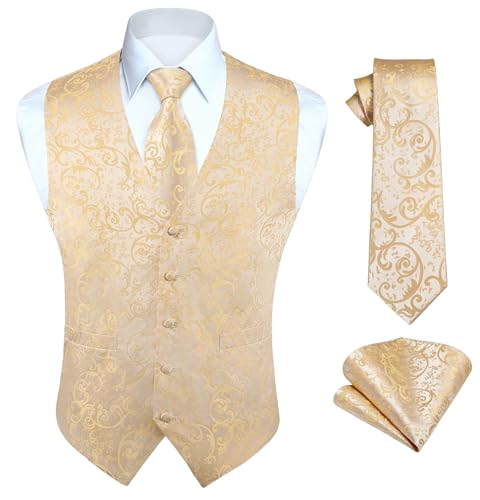 HISDERN Anzugweste für Herren Paisley Hochzeitsweste Krawatte Einstecktuch Taschentuch Jacquard...