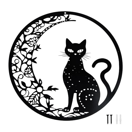 mongtsamz 30 cm Decoracion Pared Metal,Negra Luna y Gato Moderna Cuadros de Metal,Adornos Pared Metalicos,Cuadros de Decoración con Animales Para salon Adecuado,Salas Estar, Oficinas Otros