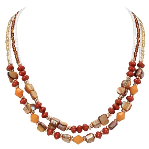 Coiris Layered Shell Beaded Necklaces for Women Handmade Boho Brown