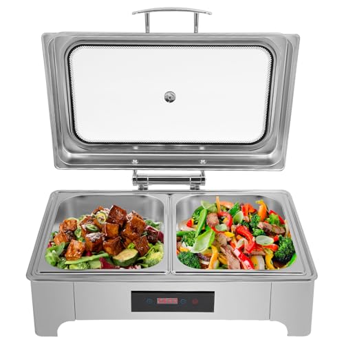 2 Pans Electric Chafing Dish Buffet Set, 9L AC 110V Stainless Steel Food Warmer, 400W Heated Buffet Server with Glass Lid and Touch Screen Temperature Control for Catering Banquet Restaurant Use