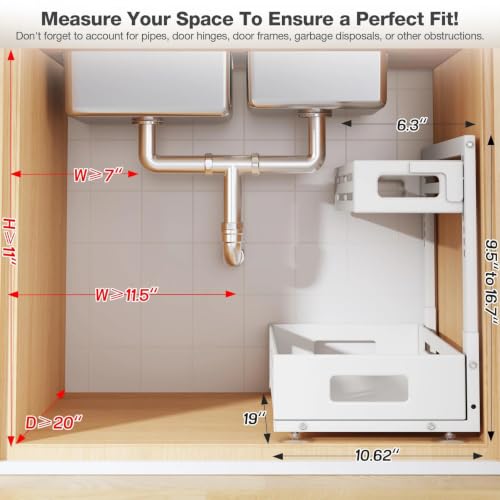 Image of 2 Pack 19IN-Depth Under Sink Organizer,Pull Out Cabinet Organizer With Smooth Cylindrical Rail,Metal Slide Out Drawer for Kitchen Bathroom Laundry,8-Level Tool Free Height Adjustable-White