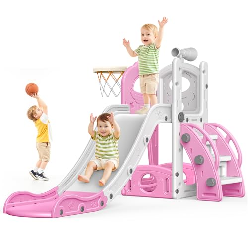 Kinder Rutsche: große Rosa Kleinkind Rutsche mit Basketballkorb, Rutsche für Kleinkinder Alter 1-3 Kleinkind Kletterer Rutsche Spielset mit Stauraum, Indoor Outdoor Spielzeug für Kleinkinder 1-3 Jahre