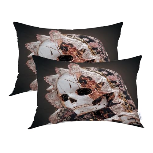 Batmerry Porcelain Skeleton Lace Pillowcases, Cracked Gilded Floraldecorated Decorative Bed Pillow Cover with Hidden Zipper Soft Blended for Hair and Skin 20X26 in