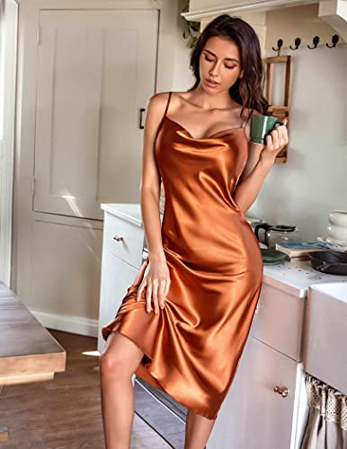 Ekouaer Women's Satin Nightgown Adjustable Sleeveless Spaghetti Strap Silky Satin Midi Slip Dress Silk Sleepwear Sleepwear Nightshirts Rust Brown #TOP2