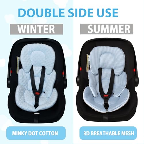 Image of 2-in-1 Reversible Infant Car Seat Insert, 3D Air Mesh Carseat Head Support for Newborn, Breathable Minky Baby Car Seat Cushion for Carseats, Stroller, Swing, Bouncer (Blue)