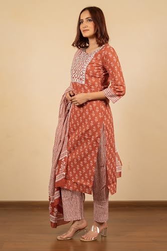 Image of MIRCHI FASHION Pure Cotton Women Straight Batik Print & Mirror Work Kurti Set with Dupatta and Pant
