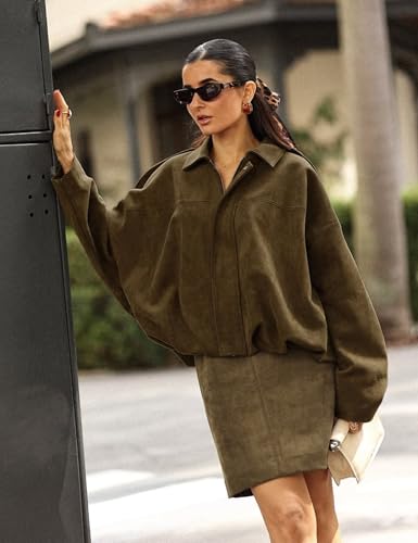 Women's Cropped Faux Suede Bomber Jacket Fall Casual Oversized Shacket Coat Long Sleeve Trendy Outerwear2