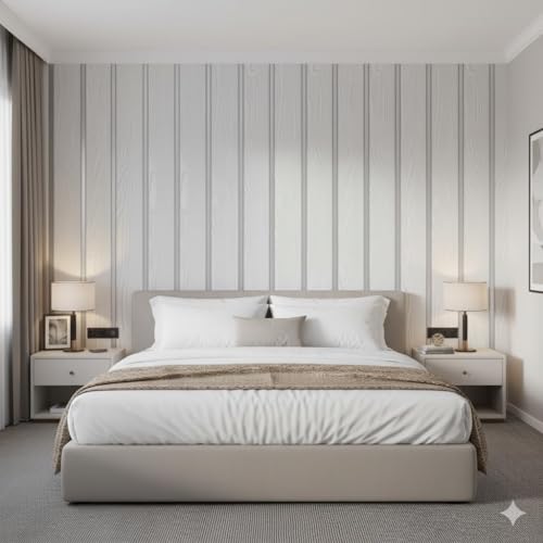 Image of White Silver 3D Wood Grain Wallpaper Roll | Self-Adhesive Waterproof Vinyl Wall Covering for Bedroom, Living Room, Kitchen, Furniture & Cabinet Renovation (45 x 300 cm)