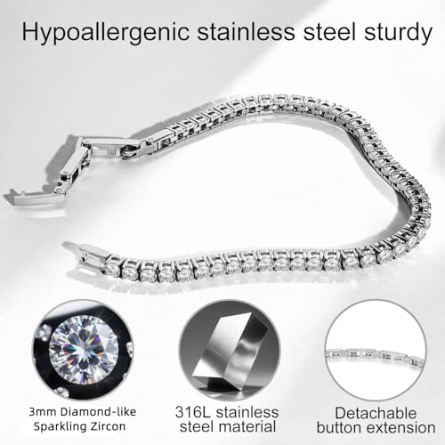 Tennis Bracelet for Women Men, 14K Gold Plated Round 3mm/4mm/5mm AAAA+ Cubic Zirconia CZ Dainty Classic Adjustable Stainless Steel Bracelets Festival Wedding Jewelry Gift4