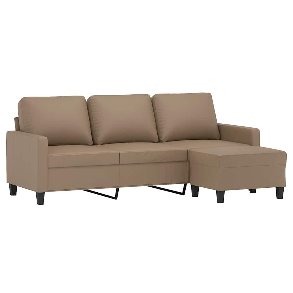 3-osobowa sofa cappuccino brązowa sztuczna skóra z taboretem o szerokości siedziska 180 cm, stabilny stelaż, wygodna tapicerka, wszechstronna, do salonu, biura, relaksu i komfortu kanapy