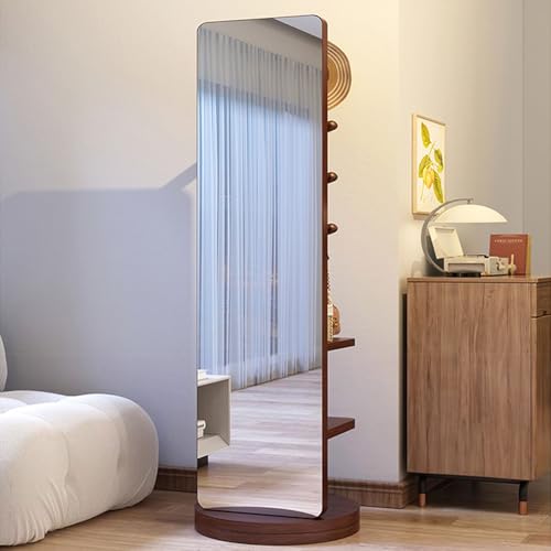 Espejo de longitud completa de 63 x 15.7 pulgadas con rotación de 360° y estantes de 3 niveles y gancho de pie, espejo multifuncional para dormitorio, vestidor y decoración del hogar