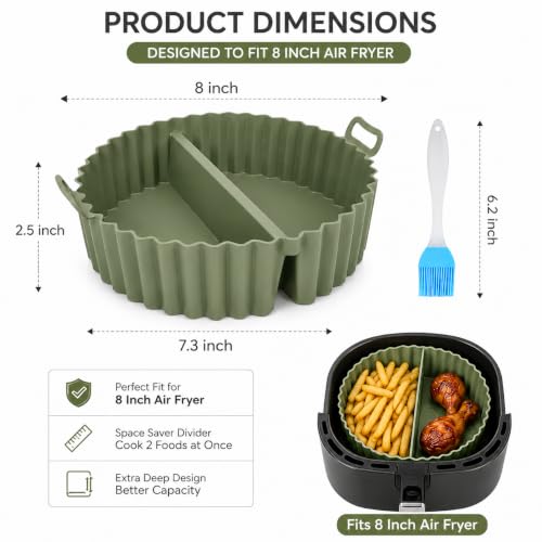 Image of PureBake Air Fryer Liners - Round Silicone Basket Baking Tray with Middle Partition, Nonstick & Heat-Resistant, Reusable with Ear Handles - 8 Inch, Multicolor (1 Silicone Liner with 1 Oil Brush)