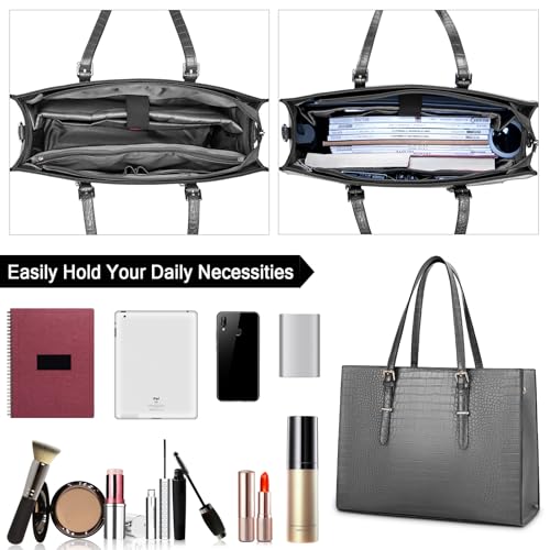 Laptop Bag for Women 15.6 Inch Laptop Tote Bag Leather Classy Computer Briefcase for Work Waterproof Handbag Professional Shoulder Bag Women Business Office Bag Large Capacity Grey