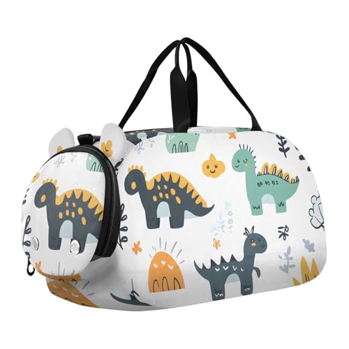 Kids Sports Duffel Bag for Boys & Girls - Dinosaur Pattern Cute Cartoon 100% Polyester Gym Bag with Separate Shoe Compartment, Adjustable Shoulder Strap, Compact Travel & Workout Gear Bag
