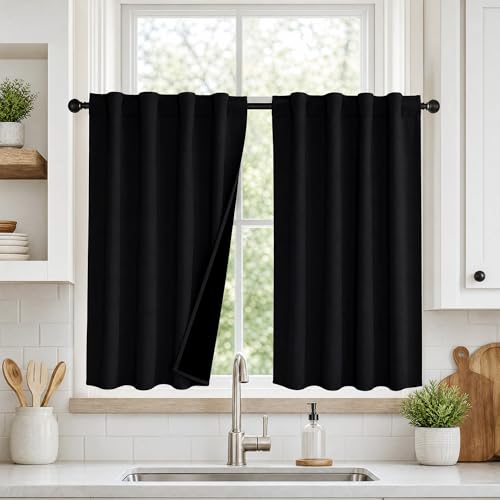 PONY DANCE Black 100% Blackout Short Curtains 45 Inch Length for Kitchen, Modern Thermal Insulated...