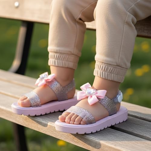 Image of bebe Girl's Flat Sandals - PCU Sandals with Flower, Bow, and Rhinestone Details for Toddler /Little Kid /Big Kid