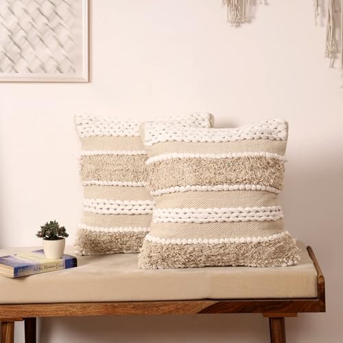 Image of Boho Cushion Covers 16x16 Inch Pack of 2 | Handcrafted Woven Tufted Cotton Throw Pillow Covers | Bohemian Decorative Sofa Cushion Cover Both Sides Fabric | Beige Cream Textured Pillow Covers