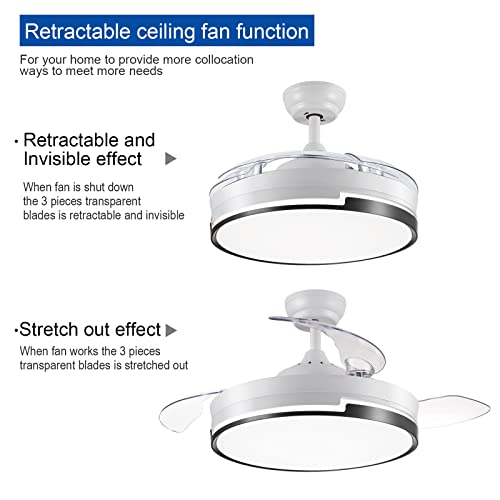 Snj 42 Inch White Retractable Ceiling Fan With Dimmable Led Lights And Remote Control, Low Profile Modern Ceiling Fan For Home Bedroom, Living Room, Dining Room, Noiseless Motor, Fan #TOP1