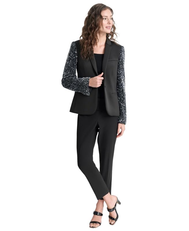 DKNY Womens Sequinned-Sleeve Single-Button Blazer Black Clear 14