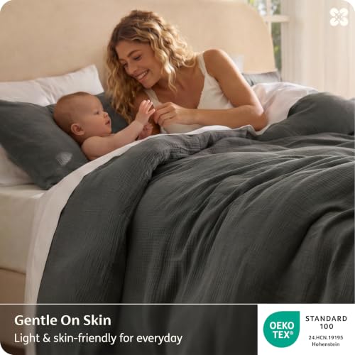Image of Bedsure 100% Muslin Cotton Duvet Cover Queen Size - Ultra-Soft Gauze Duvet Cover, PureWoven Breathable & Lightweight Bedding Set with Button Closure and Corner Ties (Dark Grey, Queen, 90 inchx90 inch)