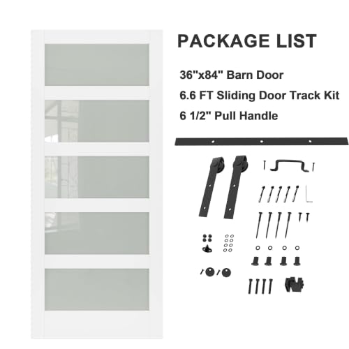 Image of 36 inchx84 inch Frosted Glass Barn Door with 6.6FT Sliding Hardware & Handle, White