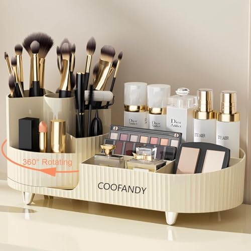 COOFANDY New Rotating Makeup Organizer for Vanity with Brush Holder, Large Capacity Cosmetic Display Case, Countertop Makeup Perfume Skincare Organizer, Spinning Lotions Display Case (OFF-WHITE)