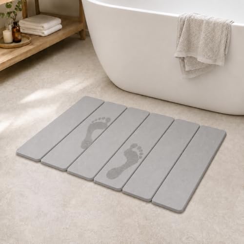 Stone Bath Mat 60x39 cm Natural Diatomite Quick Dry Bath Mat Super Absorbent & Non-Slip Bathroom Mat Foldable Space-Saving Design for Shower Sink (light grey)