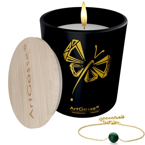 Kerze mit Schmuckstück, Verziert mit Kristallen von Swarovski® • Parfürmierte Kerze mit 2 Dochten Liebesapfel • Überraschungs-Geschenk - Set Armband