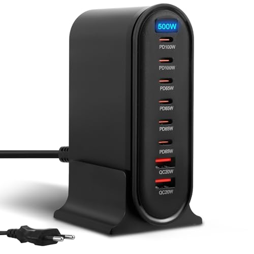 500W Chargeur USB Multiple, 8 Ports GaN Ⅳ Tech PD 100W Chargeur Rapide QC PPS Prise avec 6 USB-C et 2 USB-A Multiple Station de Charge Adaptateur pour Laptop Téléphone