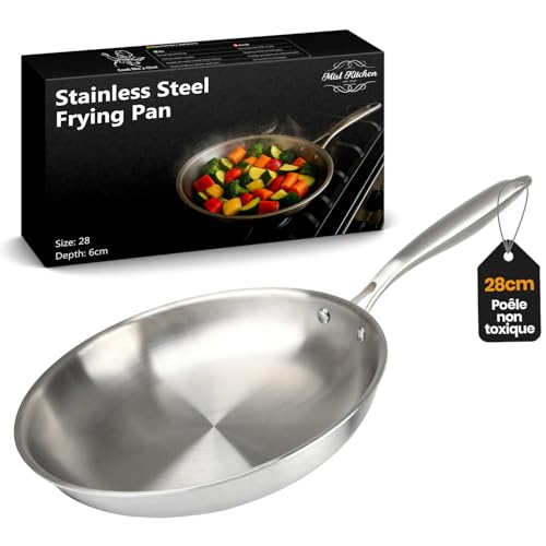 MISL HOME - Poele Inox - 28cm Poele Inox 18/10 – Poele Inox Induction 3 Couches en Acier Inoxydable, Compatible Tous Feux Gaz Électrique Vitrocéramique,...