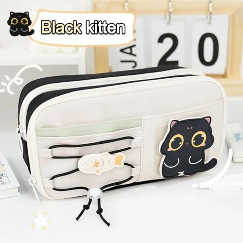 Image of Cute Black Cat Pencil Pouch for Girls & Boys, Large Capacity Multi-Layer Zipper Pencil Case with Front Pocket & Drawstring Organizer for School Supplies