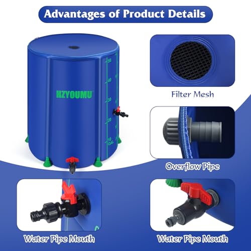 HZYOUMU Collapsible Rain Barrel, 53 Gallon Pro Rain Barrels to Collect Rainwater from Gutter,Portable Water Tank Storage Container for Garden Water Catcher with Spigots and Overflow Kit