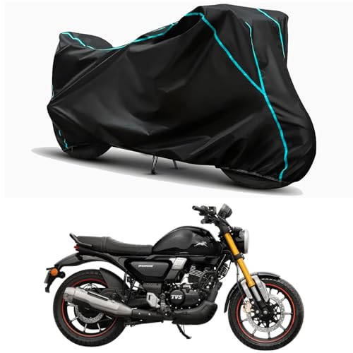 Image of Waterproof Bike Body Cover Compatible for | TVS Ronin DS | Taffeta Fabric, Sky Piping Design, Bottom Elastic Fit | Dustproof, Sun UV & Rain Protection for All Weather.