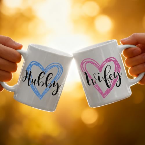 Palasarkaaa Heart Pattern Hubby and Wifey Coffee Mug Set of 2 for Mr & Mrs, Valentines Day Gifts for Women Wife Girlfriends Mom