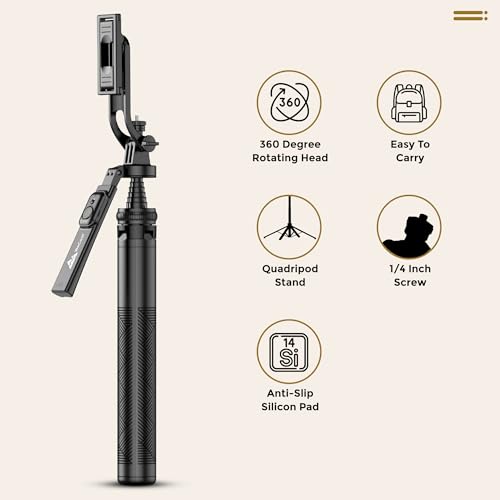 Image of WeCool Quadripod Selfie Stick Extendable Upto 71 Inches, 360 Rotatable Handle, Detachable Bluetooth Remote, Phone Tripod for Vlogging, YouTube, Travel, iPhone, Android