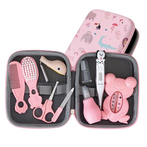 PLIC CARE - Trousse de Soin Bébé Rose – Dès la Naissance – 9 Essentiels de Soin – Thermomètre Rectal, Thermomètre de Bain, Peigne, Brosse, Lime,...