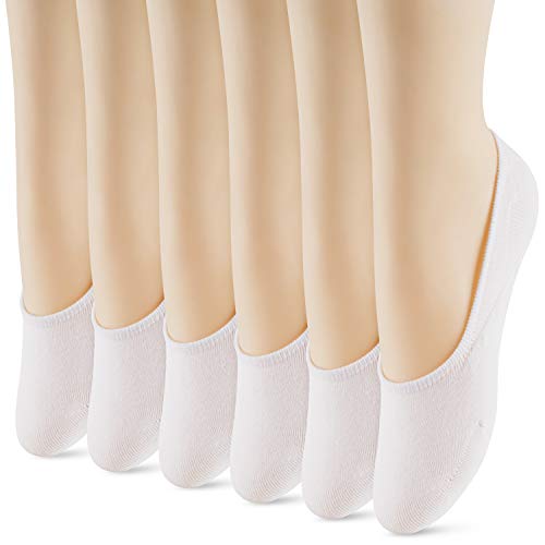 WISVOOO 6 Pairs No Show Socks Women Non Slip Thin Liner Socks for Flats Boat Cotton Invisible Hidden Socks (6 pairs(White), Women Shoe Size 5-8.5)