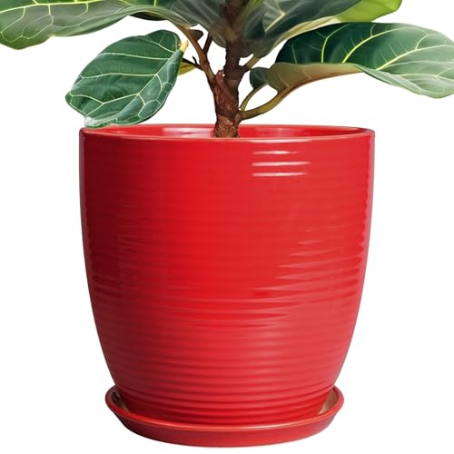 Ceramic Pot for Plants 12 Inch - Plant Pot Indoor with Drainage Hole and Saucer Round Large Planter for Outdoor Plants Mid Century Modern Flower Pot for Home Decor Red