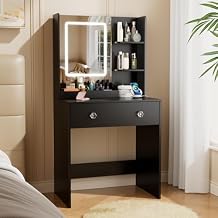 Vanity Desk with Mirror and LED Lights, Modern Small Makeup Vanity Desk with Drawer, 3 Storage Shelves, 24 Inches Make UP Dressing Table with Power Outlet, 3 Adjustable Lights for Bedroom, Black