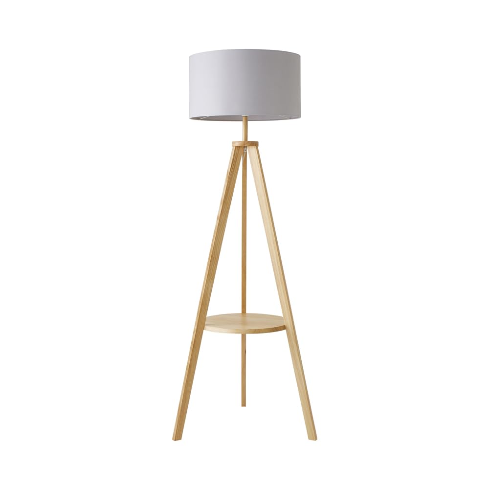 MiniSun | Modern Light Wood Tripod Design Floor Lamp with Storage Shelf and Grey Drum Shade | Floor Lamps & Torchieres, Home Décor, Improvement & Lifestyle Essential